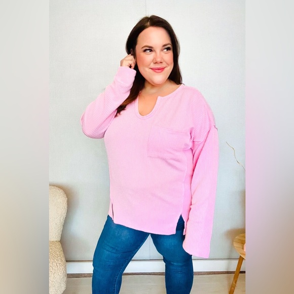 Eyes On You Pink Mineral Wash Rib Notch Neck Pocket Top - Picture 1 of 4